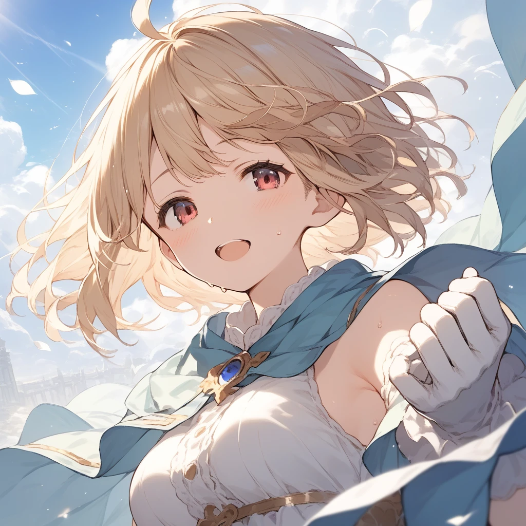 score_9, score_8_up, score_7_up, source_anime, best quality, masterpiece, official art, absurdres, highres, ultra-detailed,waifu2x,Collection: Slice of Life,break,djeeta \(granblue fantasy\),short hair, blonde hair, gloves, brown eyes, medium breasts, sweat, open mouth, sleepily,  outdoors, wind,break,(clear line illustration:1.2), super detailed skin,very high resolution, very aesthetic, Best sexual lighting powered by famous artist, 8k,cute picture,beauty illustration,photoshop_(medium),,(Detailed Lighting),best anime 8k konachan wallpaper, pixiv contest winner, 