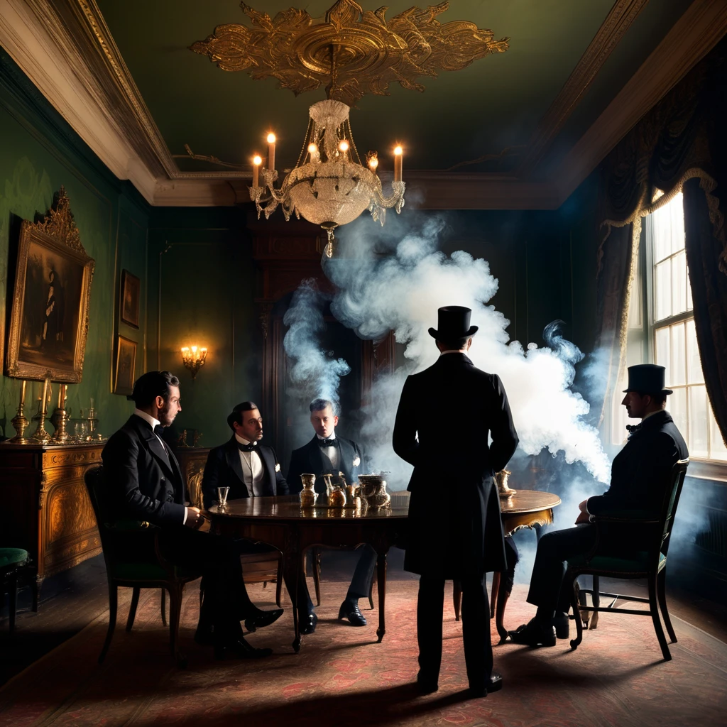 A group of gentlemen in silloette with their backs to the viewer watching woman on a table. . The anonymous gentlemen are smoking, layers of smoke are visible in the dimly lit victorian parlour. The victorian parlour is lavishly decorated with sumptuous furnishings like a royal manor.