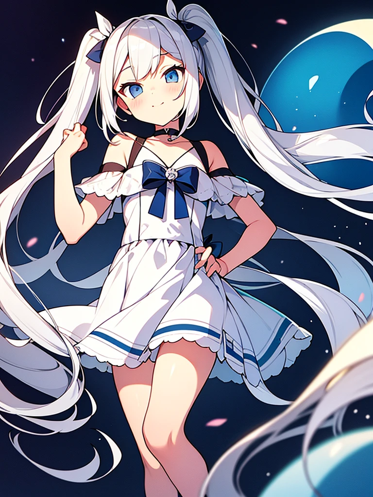 Silver Hair　Twin tails　11 years old　White dress　anime　whole body　fine　