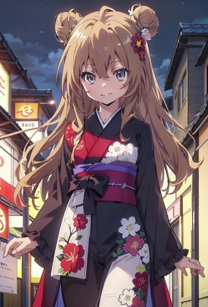 taiga aisaka, taiga aisaka, Long Hair, Brown Hair, Brown eyes,happy smile, smile, Close your mouth,Hair Bun, single Hair Bun,Flower Hair Ornaments,Black kimono,Thick sleeves,,Japanese Festivals,Summer festival food stalls,Red lantern,night,As if your whole body is in the illustration,Walking, break looking at viewer, Upper Body (Cowboy Shot:1. 5),
break outdoors, Area,
break (masterpiece:1.2), Highest quality, High resolution, unity 8k wallpaper, (shape:0.8), (Beautiful attention to detail:1.6), Highly detailed face, Perfect lighting, Highly detailed CG, (Perfect hands, Perfect Anatomy),
