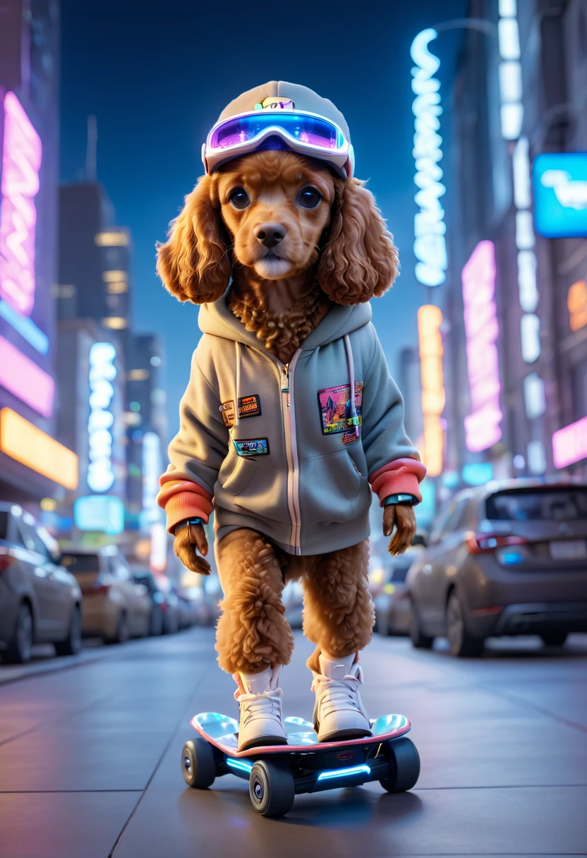 Cute brown cavalier poodle with fluffy fur dressed in urban clothing, 1 hoodie, Futuristic visor hat, In a high-tech cityscape with neon lights and holographic signs、Standing on a futuristic hoverboard. The background is modern and cyberpunk, High-tech vibe. Adorable digital painting, 3D Rendering, Bright lighting, Vibrant colors, Outdoors at night.