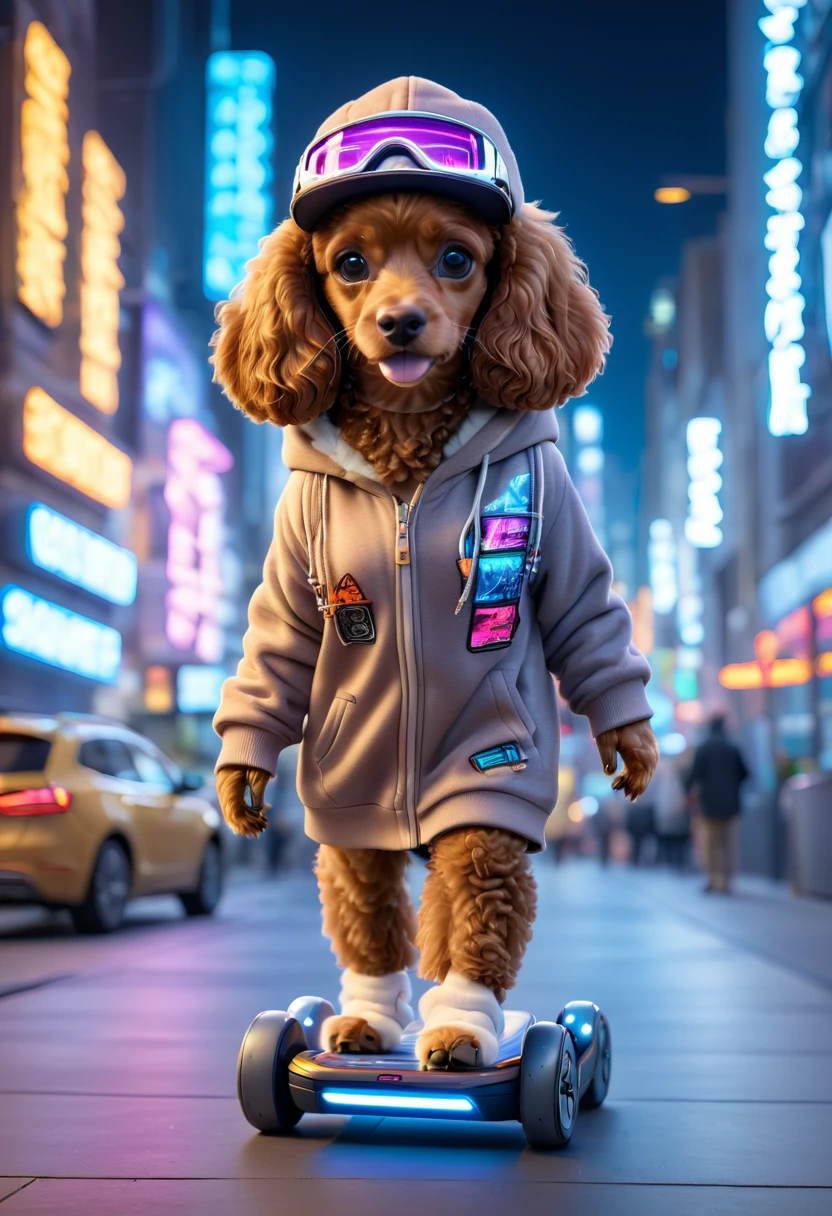 Cute brown cavalier poodle with fluffy fur dressed in urban clothing, 1 hoodie, Futuristic visor hat, In a high-tech cityscape with neon lights and holographic signs、Standing on a futuristic hoverboard. The background is modern and cyberpunk, High-tech vibe. Adorable digital painting, 3D Rendering, Bright lighting, Vibrant colors, Outdoors at night.