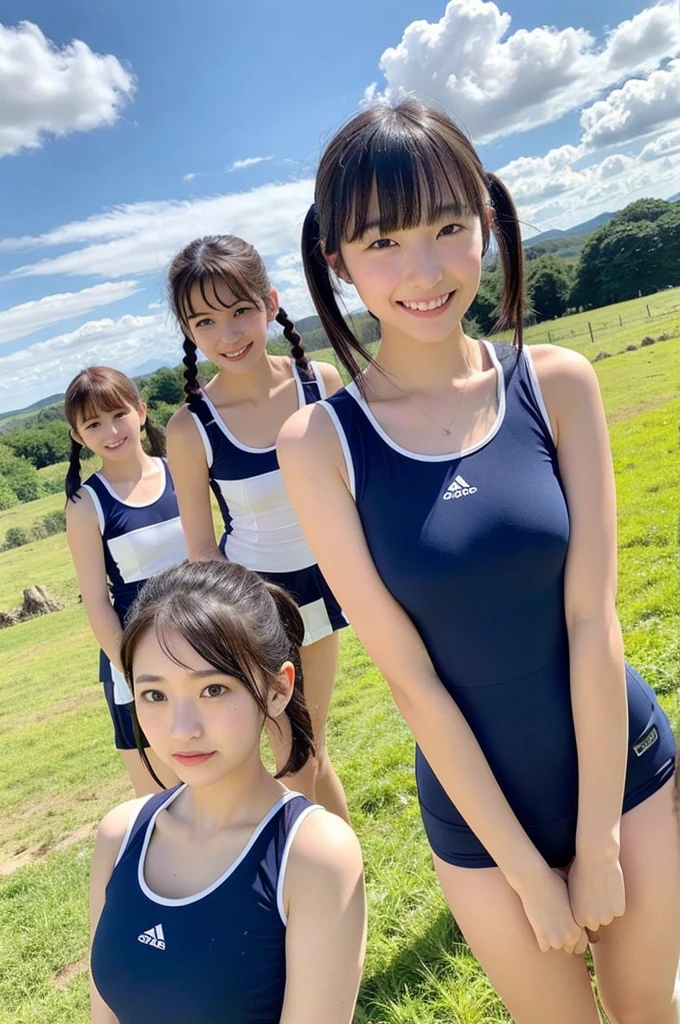 3 girls standing in rural school field,navy blue school swimsuit with camisole straps and white trim,18-year-old,bangs,a little smile,thighs,knees,black short hair with low pigtails bunches,from below,front light