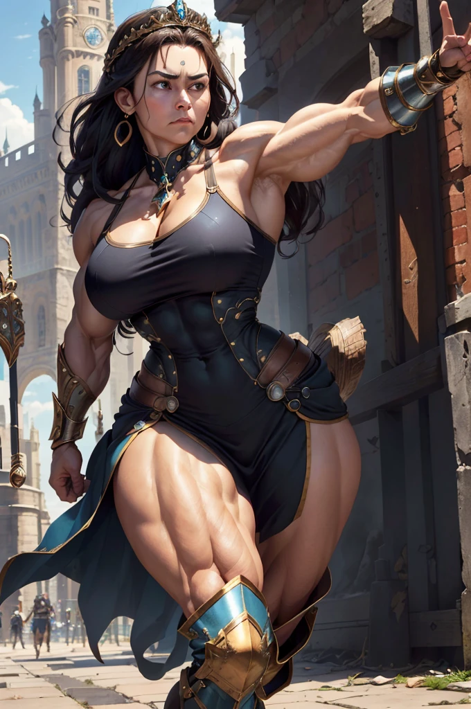 
(Best lighting) , (Very intricate details) , 4K Integration, (Super fine CG: 1.2) , (8K: 1.2),(original), (masterpiece) , (Highest quality),(masterpiece:1.4),((Full  images))、Photo quality,(masterpiece),masterpiece, Highest quality, Absurd,((Masterpiece, 4K, 8K, High resolution)),(masterpiece), (Highest quality), (Super detailed), (Very delicate and beautiful), ((Cowboy Shot)), 1 female,　The face of a 40-year-old Western woman、A beautiful, well-balanced face、
(A woman with a muscular body like a male bodybuilder),((Huge body with incredible muscles))、Height 200cm、((Beautiful woman)),((Woman warrior)),(((Full body image))),girl,Brave and resolute attitude, Wearing Valkyrie Metal Armor、 Sleeveless Armor、Armor that resembles a thick chest and abdominal muscles、Very strong legs、((Long boots with pin heels))、((kneehigh 、Medieval streetscape,Brave pose,Strength and elegance,Solemn atmosphere,Powerful aura,((The Queen's Appearance))、Determined jawline,((The Strongest Queen of Mankind))、(Huge muscular physique),((Protruding veins))、Raised trapezius muscle、very thick neck、((Strong arms with bulging biceps))、A muscular chest、Six-pack、((Thick thighs with bulging muscles))、((Bicep-like calf muscles))、Overflowing with incredible strength、Muscles bulging out from under the force of force all over the body、Black Hair、Braided upstyle hair、A commanding presence,Poses that show off their monstrous power,Vibrant colors,Down to the smallest thread,Impressive level textures,Sharp focus,Rich and realistic backgrounds,Magnificence and grandeur,((The Mighty Queen)),((Queen of Superpowers)),((A powerful queen of dignity and grandeur)), Inspiring and majestic,Guardian of the kingdom,Unstoppable courage,Divine Destiny,Indomitable spirit,Unforgettable beauty,Unwavering Strength