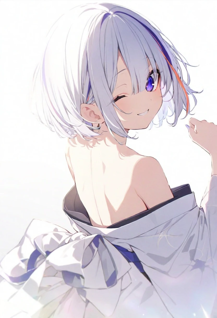 (muste piece), (best quality), very detailed eyes, expressive eyes, perfect face, very detailed face, highly detailed face, beautiful girl, 8K, beautiful girl, white background, delicate and beautiful face and eyes, dark intense shadow,
1 girl, vtuber style, cool girl, hololive, amane kanata, streaked hair, short hair, kimono, small chest, clavicle, one eye close winking, smile, (whole body), standing, from back, looking back, sunrsing,