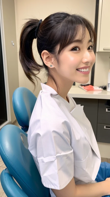 high resolution、high quality、dental assistant、dental assistant white coat、short sleeves、ponytail、Age: 30、Cuteness like a Japanese idol、whole body、The background is a dental clinic、From head to thighs、Look forward Front facing