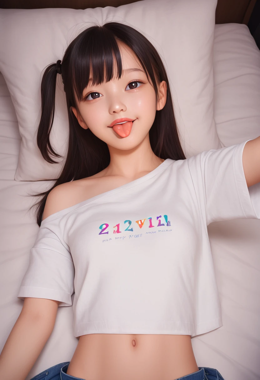 ollarbone,pastel colors t-shirt,off-shoulder look,bare shoulder,midriff peek,Denim mini skirt,open mouth,(tongue out:2),lying,Selfie,looking ahead,from above,front view,upper body,(1girl,Beautiful 14 year old girl),((Slender,Small breasts,Small face,)),looking at viewer,Black Hair,bangs,one side up,Beautiful and detailed,Mischievous smile,Dimly lit room,Simple Background,bed,pillow,best quality
