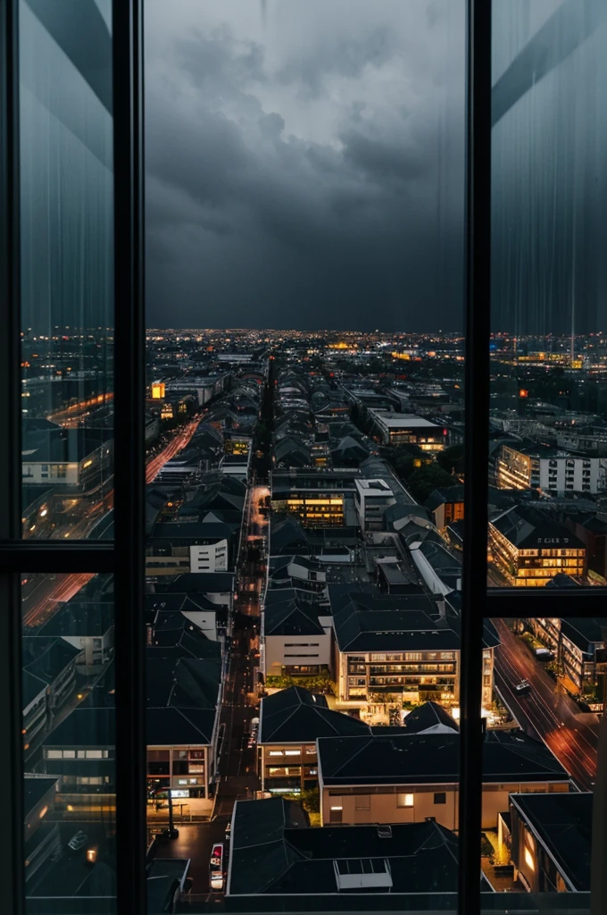 Dark night, rainy sky, peaceful hotel window view