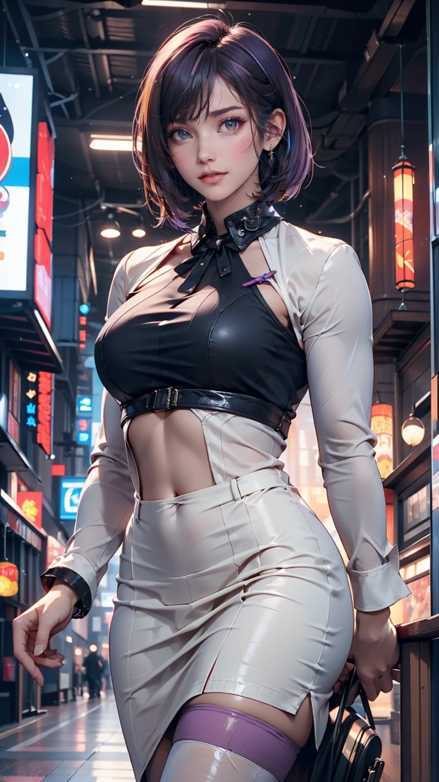 (One girl:1.3), alone, __Body parts__ Delicate and realistic skin, Pale skin, big, Official Art, Unified 16k wallpapers, Super detailed, beauty and aesthetics, beauty, masterpiece, Highest quality, In Cyberpunk City, Great atmosphere, A calming color palette, Peaceful mood, Soft Shadows, Flight attendant uniform, Glamour、Sexy proportions、Sexy、Narrow waist、Pixie Cut Hair((pixie cut))、Hair behind ears((hair behind ear))、Purple inner color((colored inner hair))