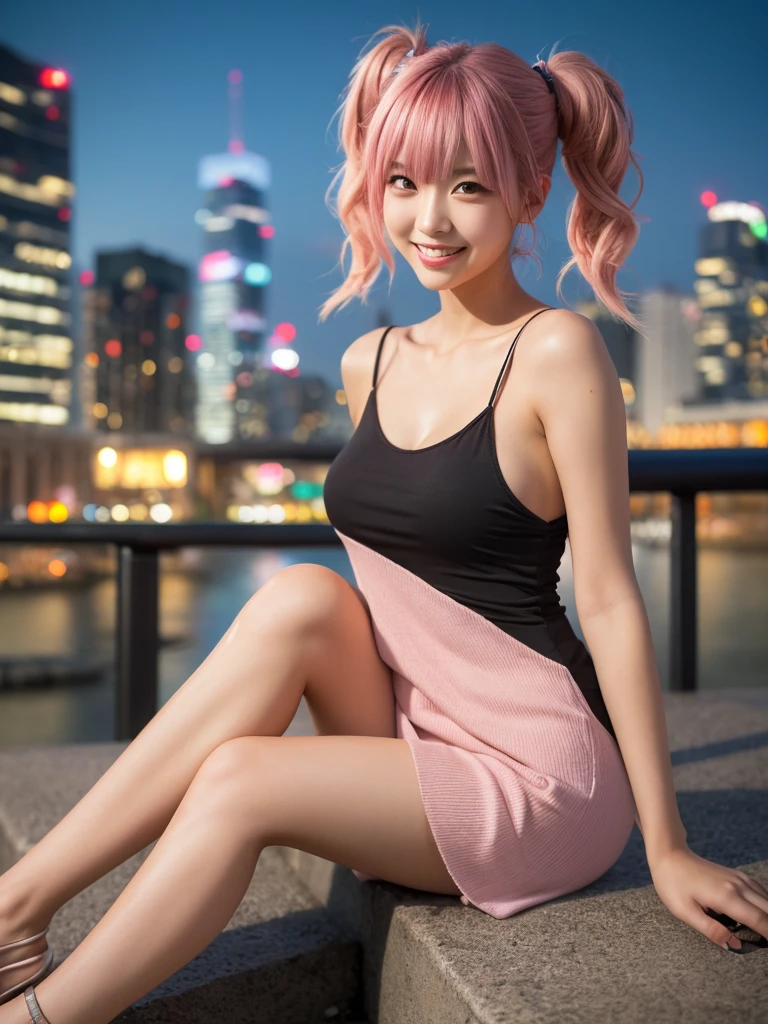 (8k, RAW photo, best quality, masterpiece:1.2), (realistic, photo-realistic:1.4), (extremely detailed 8k wallpaper), Japanese 20 age woman, She’s wearing comfortable wedges and stylish accessories, her hair in a casual updo. The image captures her full body against the backdrop of a stunning cityscape at dusk, emphasizing her laid-back style and the romantic evening atmosphere,(sexy costume),One-shoulder dress,A smile that invites others,Twintails pink hair ,