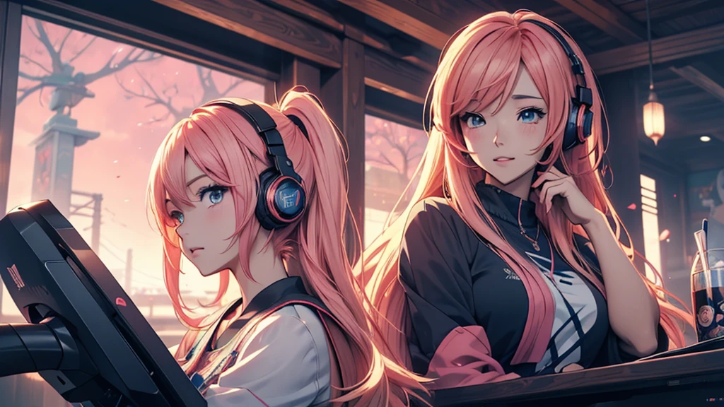 Woman wearing headphones, Anime Style 4 k, anime wallpaper 4k, anime wallpaper 4k, 4k anime wallpaper, anime art wallpaper 4k, anime art wallpaper 4k, Anime Style. 8K, Anime atmosphere, , Ultra HD Anime Wallpaper, Anime Art Wallpaper 8K, Anime Background,landscape、reading、Home