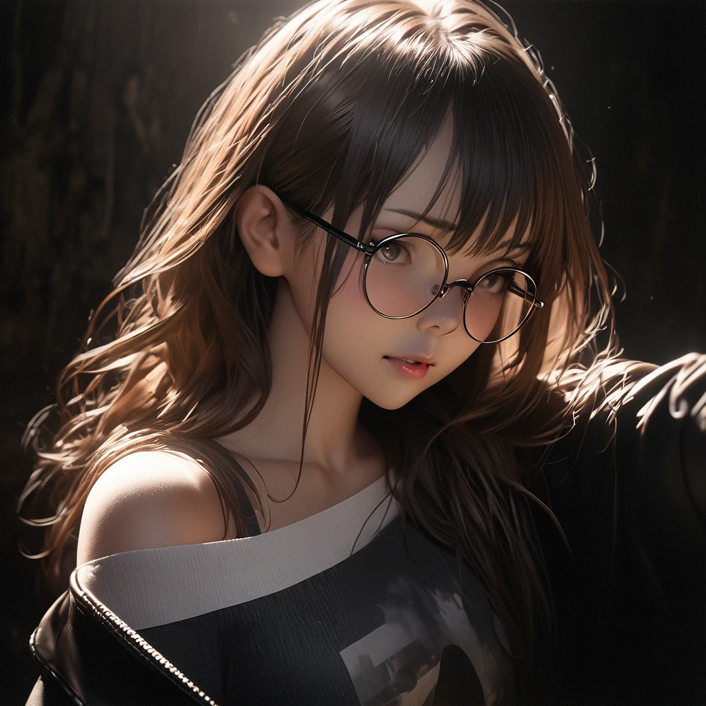 Best quality, masterpiece, ultra high res, (photorealistic:1.4), raw photo, 1girl, offshoulder, in the dark, deep shadow, low key, cold light, glasses, detailed skin