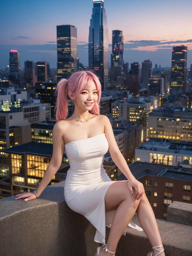 (8k, RAW photo, best quality, masterpiece:1.2), (realistic, photo-realistic:1.4), (extremely detailed 8k wallpaper), Japanese 20 age woman, She’s wearing comfortable wedges and stylish accessories, her hair in a casual updo. The image captures her full body against the backdrop of a stunning cityscape at dusk, emphasizing her laid-back style and the romantic evening atmosphere,(sexy costume),One-shoulder dress,A smile that invites others,Twintails pink hair ,