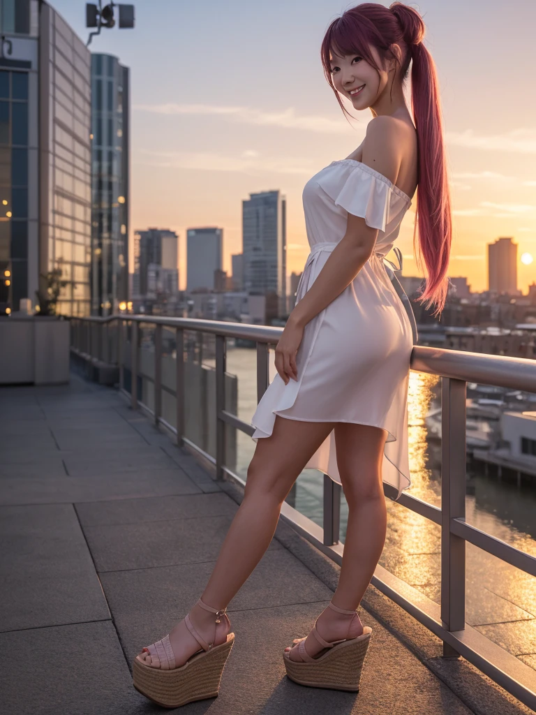 (8k, RAW photo, best quality, masterpiece:1.2), (realistic, photo-realistic:1.4), (extremely detailed 8k wallpaper), Japanese 20 age woman, She’s wearing comfortable wedges and stylish accessories, her hair in a casual updo. The image captures her full body against the backdrop of a stunning cityscape at dusk, emphasizing her laid-back style and the romantic evening atmosphere,(sexy costume),One-shoulder dress,A smile that invites others,Twintails pink hair ,