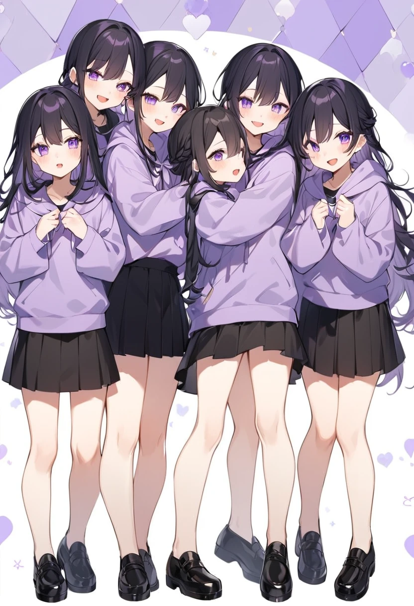 Keito。Purple hoodie。Black Skirt。Purple Eyes。Black Hair。Black shoes下。Black shoes。6 sistery eldest daughter has lavender hair.。all female。Sextuplets