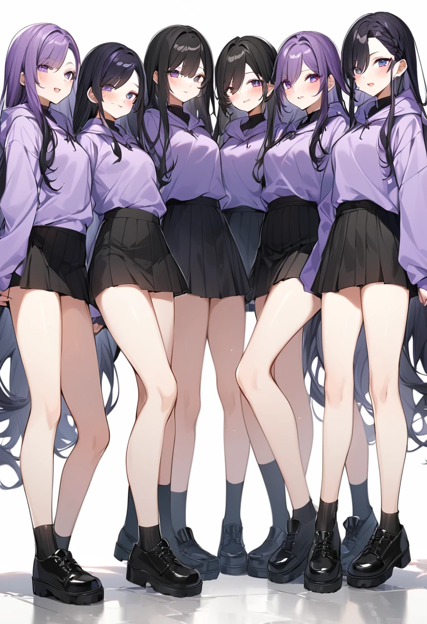 Keito。Purple hoodie。Black Skirt。Purple Eyes。Black Hair。Black shoes下。Black shoes。6 sistery eldest daughter has lavender hair.。all female。Sextuplets