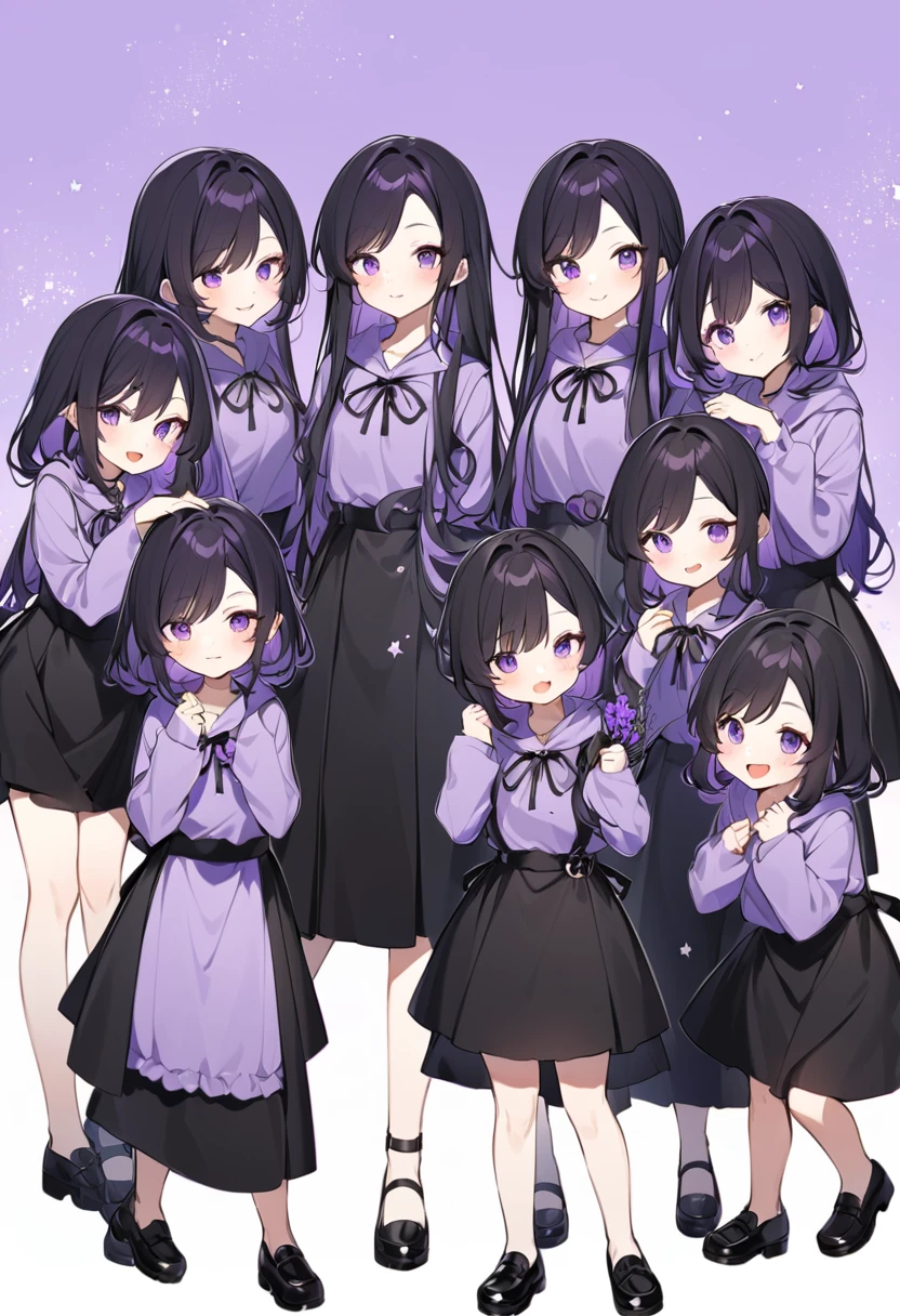 Keito。Purple hoodie。Black Skirt。Purple Eyes。Black Hair。Black shoes下。Black shoes。6 sistery eldest daughter has lavender hair.。all female。Sextuplets
