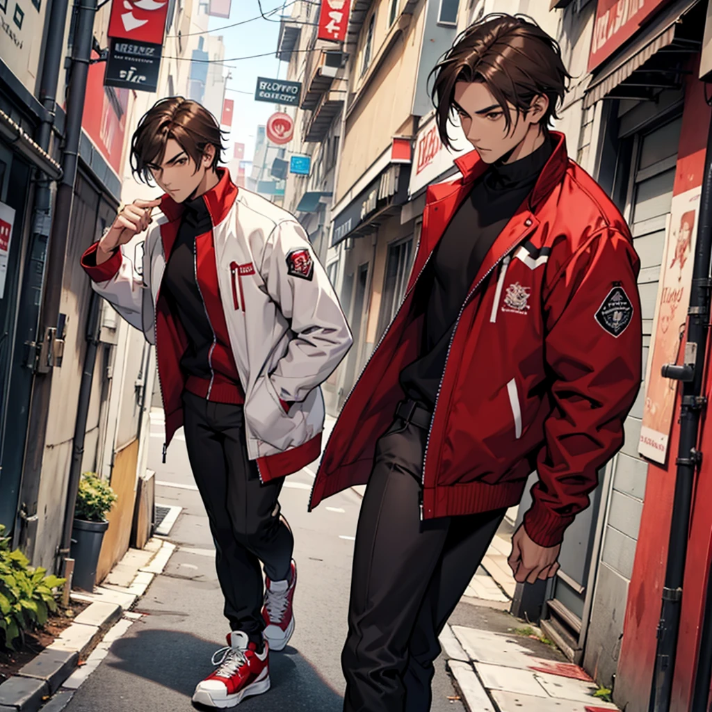 Create a comic slender brown male character with almost straight and pointy hair with brown eyes wearing a red outfit and black pants and a white jacket with white shoes 