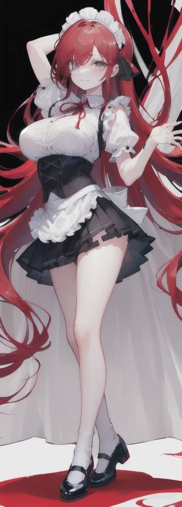 (long beautiful red hair) cyan eyes, (Eyes behind long bangs) big breasts, using accessories (using socks) perfect shiny beautiful reds shoes (Wearing luxurious palace maid clothes Perfect perfect noble) Pose facing sideways (Girl1, straight hair not too long, bangs covering one eye, soft face, gentle smile) ((Standing position with long legs, bare thighs, image position visible from bottom of feet to top of head) long red hair, beautiful cyan eyes (Free pose, right hand down, left hand down, ((Free pose))smile kawai, (black white background) Wearing a reds corset, (Using a beautiful bright blue ribbon) Kawai shy cute eyes (reds colored shoes must be shiny, Must wear short white socks) ((short skirt)) short sleeves (image according to tag)
