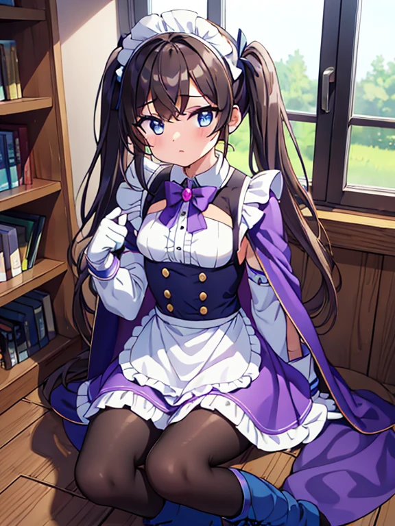 ((masterpiece, highest quality, ultra_high_detaile)), ((beautiful)), (beautiful detailed girl:1.4), ((4k cg)), (illustration), ((solo)), ((1girl)), ((slim body)), ((small_breasts)), ((aristocratic style)), (black hair), (swept bangs:1.4), (two side up), (long twintails), ((blue eye)), ((blue brooch)), BREAK ((Headdress)), (maid:1.4), (long sleeve maid clothes:1.4), ((apron_dress)), (Knee-length skirt:1.4), (light purple cape:1.4), (long cape:1.4), ((elbow_gloves)), ((brown pantyhose)), BREAK ((light blue boots)), ((studio),