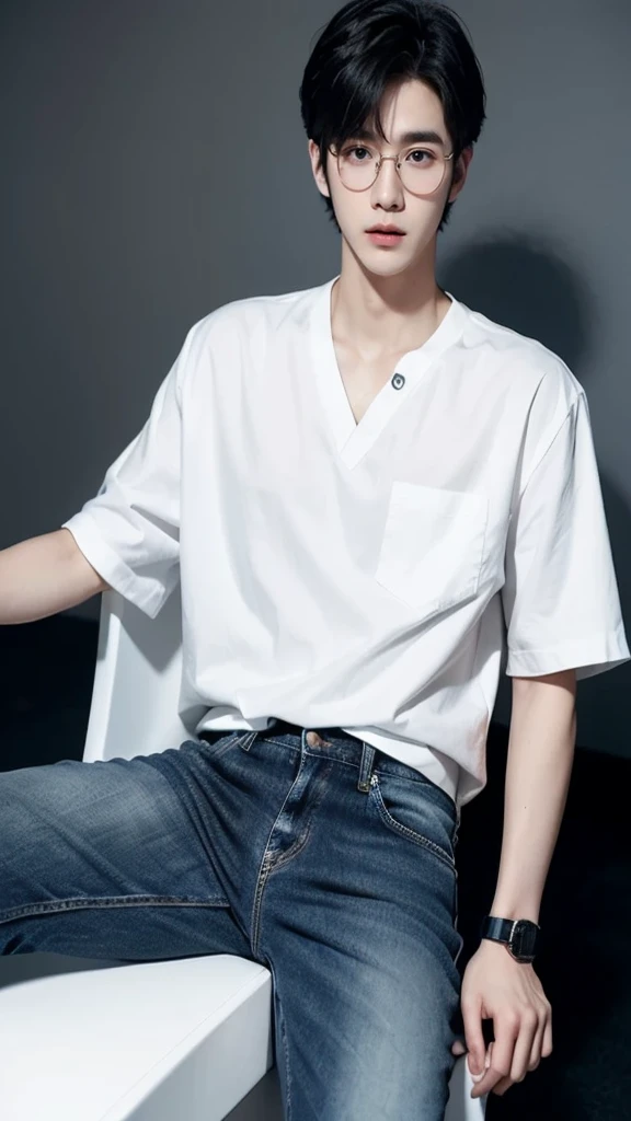 a man with white skin, that he is Korean that he is twenty-one years old that he has hair in a short COMMA cut in dark black, that he is wearing a white blouse and jeans that he has prescription glasses on his face 