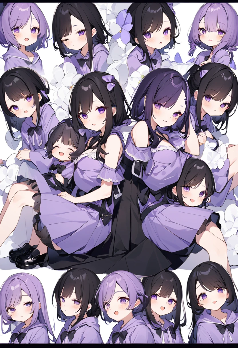 Keito。Purple hoodie。Black Skirt。Purple Eyes。Black Hair。Black shoes下。Black shoes。6 sistery eldest daughter has lavender hair.。all female。Sextuplets