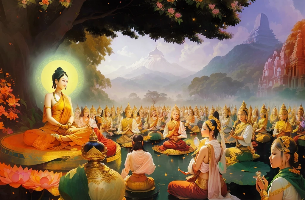 painting of a large group of people sitting in a circle, buddhist, buddhism, hindu stages of meditation, temple background, samsara, lotus, buddha, enlightenment, buddhist art, kuntilanak on bayan tree, tithi luadthong, padmasana, meditation, beautiful depiction, thailand art, from ramayan, full color illustration, karma sutra, artist rendition