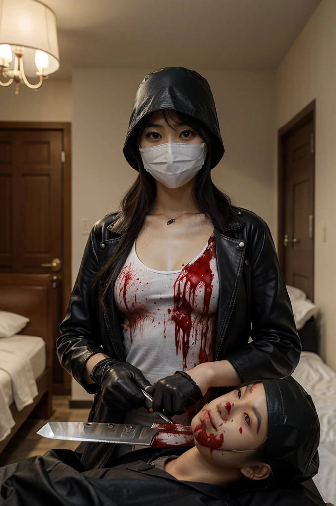 korean girl, (behind corpse, surgical mask), holding knife, stabbing, black leather gloves, room full of blood, black trench coat, bucket hat, holding knife, black gloves, behind corpse, blood splatter, very long hair, night, mass murderer, robbery, in the hotel,