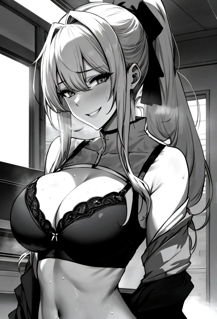 girl,sexy,grinning,long ponytail,wearing a bra,sweating,looking at viewer, shocked