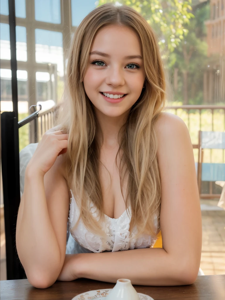 a pretty young  girl, smiling, portrait, detailed face, beautiful eyes, long eyelashes, perfect skin, blonde hair, long flowing hair, cute expression, high quality, detailed, photorealistic, 8k, hyper detailed, intricate details, realistic, sharp focus, studio lighting, warm color palette, natural lighting, vibrant colors, beautiful, elegant, graceful, charming, adorable