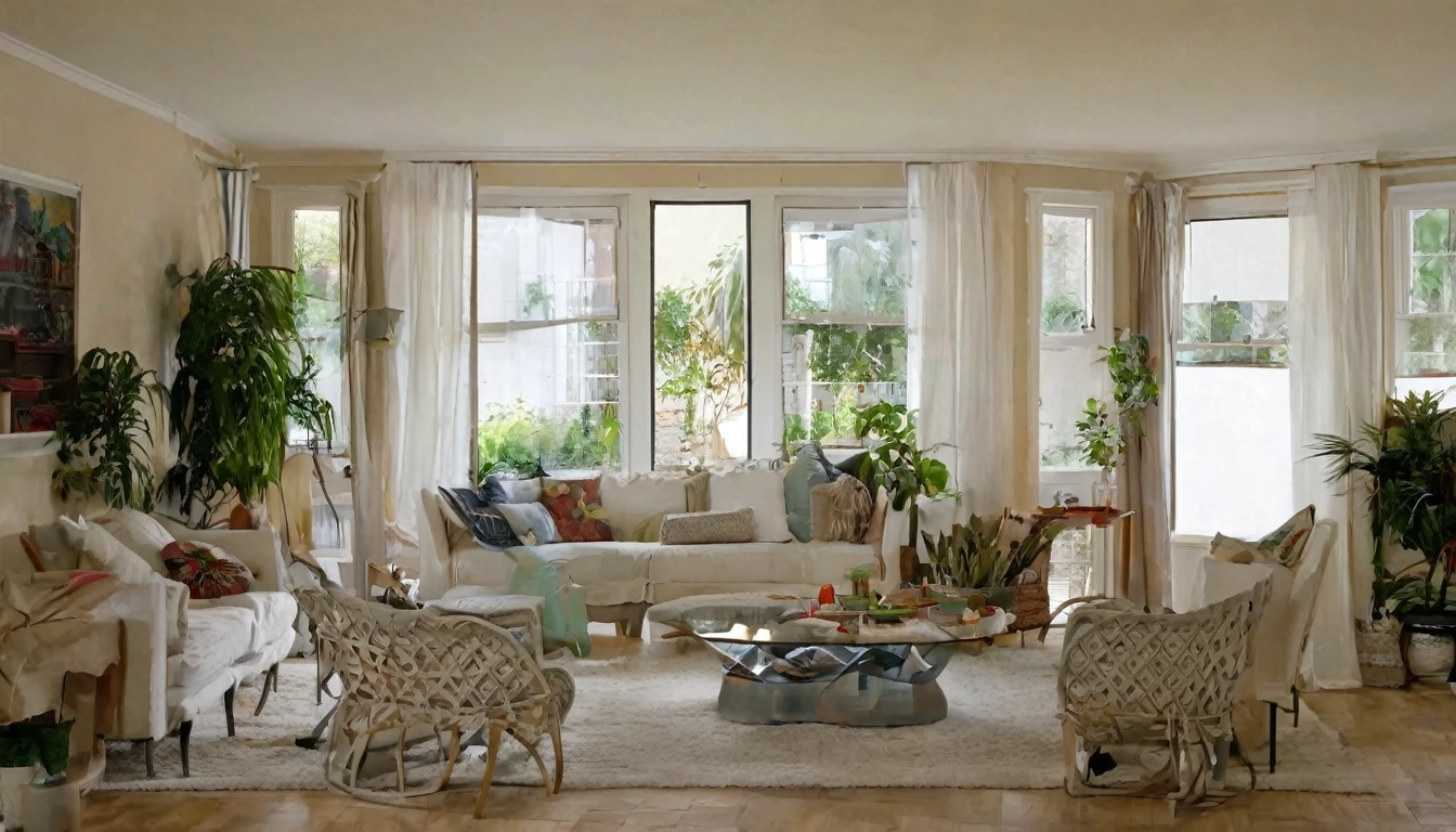 living room, various furniture, calm, cozy atmosphere