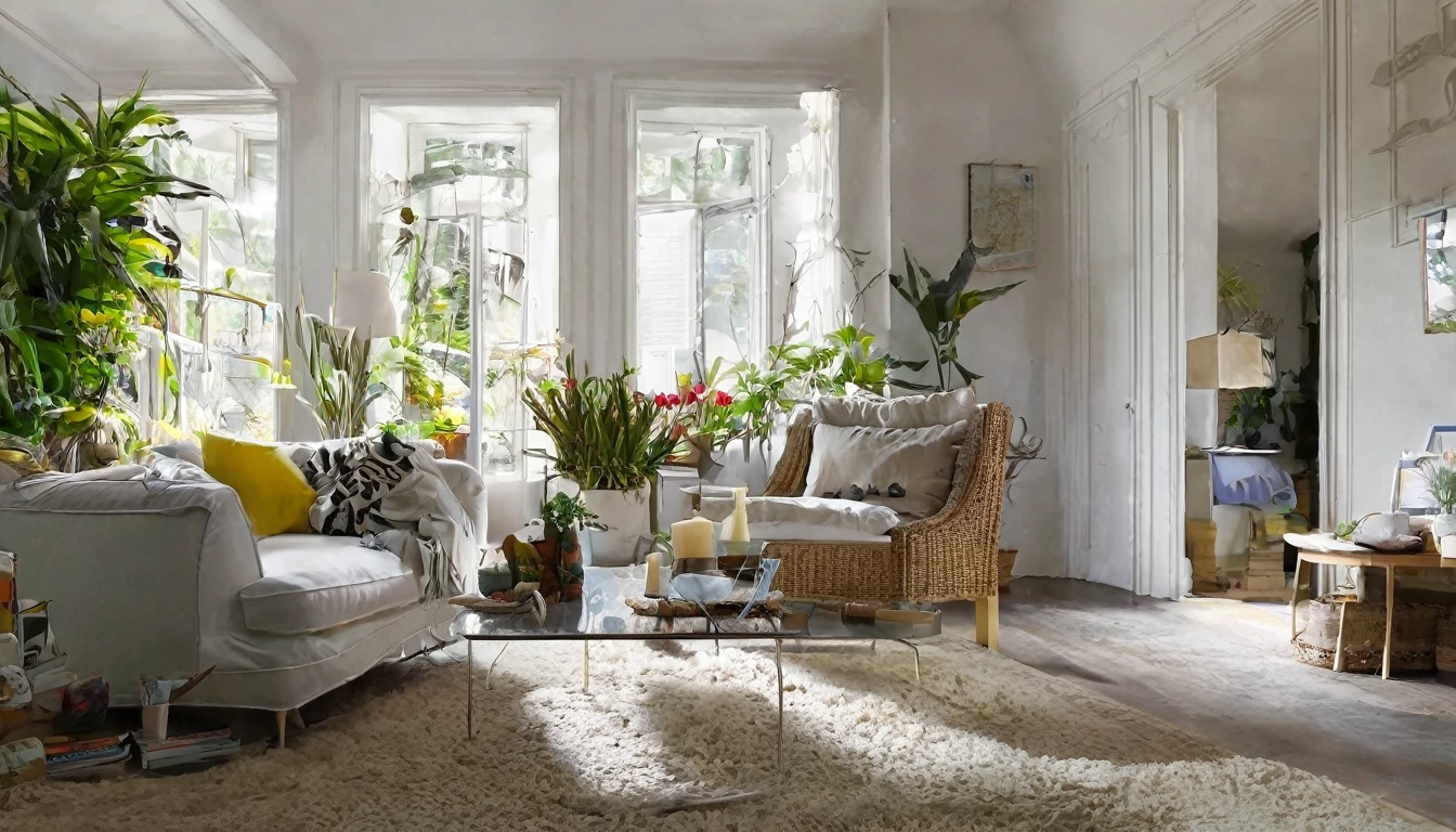 living room, various furniture, calm, cozy atmosphere
