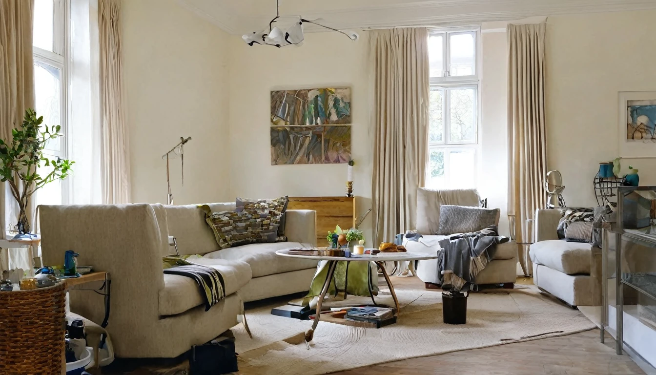 living room, various furniture, calm, cozy atmosphere