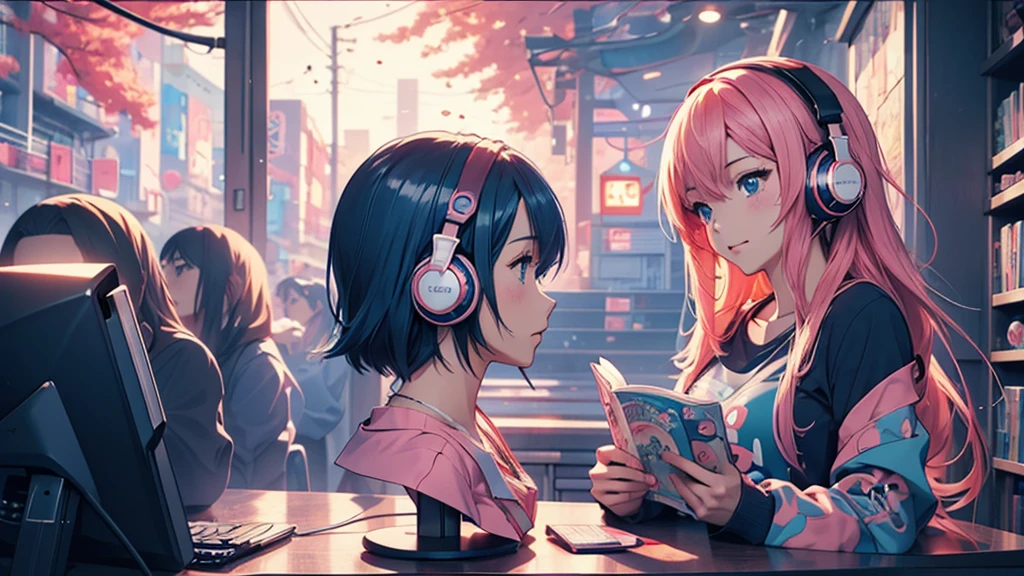 Woman wearing headphones, Anime Style 4 k, anime wallpaper 4k, anime wallpaper 4k, 4k anime wallpaper, anime art wallpaper 4k, anime art wallpaper 4k, Anime Style. 8K, Anime atmosphere, , Ultra HD Anime Wallpaper, Anime Art Wallpaper 8K, Anime Background,landscape、reading、Home