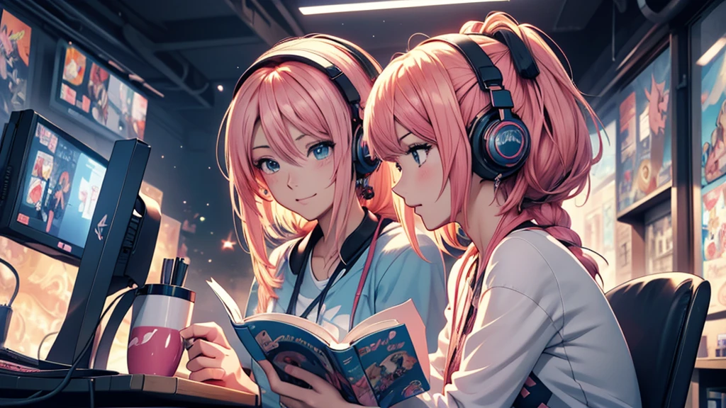 Woman wearing headphones, Anime Style 4 k, anime wallpaper 4k, anime wallpaper 4k, 4k anime wallpaper, anime art wallpaper 4k, anime art wallpaper 4k, Anime Style. 8K, Anime atmosphere, , Ultra HD Anime Wallpaper, Anime Art Wallpaper 8K, Anime Background,landscape、reading、Home