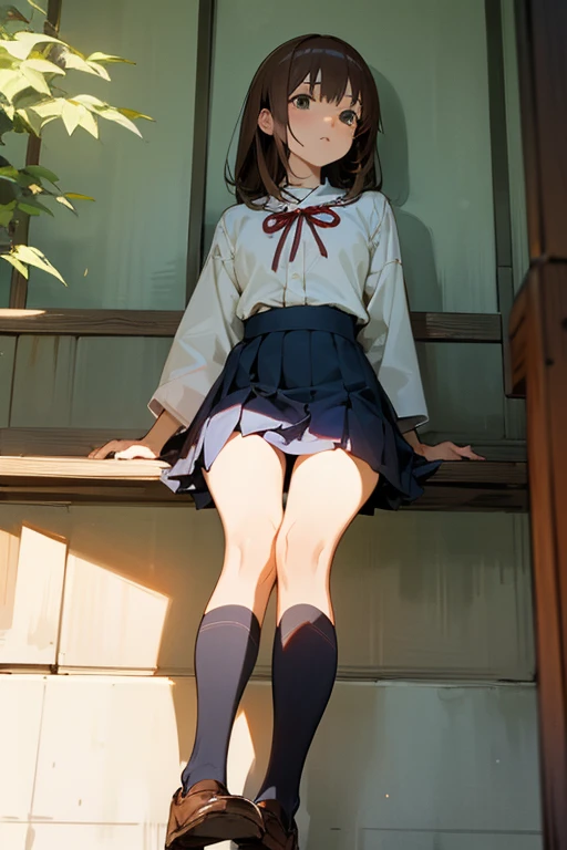 High resolution、Realistic depiction、Faces of anime characters、A girl with a realistic body、Japanese High 、Blue checkered skirt and white blouse、Red ribbon、Black knee-high socks、Japanese high school style leather shoeedium length light brown hair、green big eyes、Height: 160cm、Slim figure、A little bit of her white panties are visible from under her skirt.、My face is a little red、A tense expression、Hands are clasped lightly in front of、Feet standing naturally、The background is a Japanese high school yard.、There are benches and trees around、Other students look far away、The light source is the soft natural light of the morning.、Shadows are realistic and natural、The camera angle is from below looking up、Sharp skin texture、Bright and uniform coloring throughout