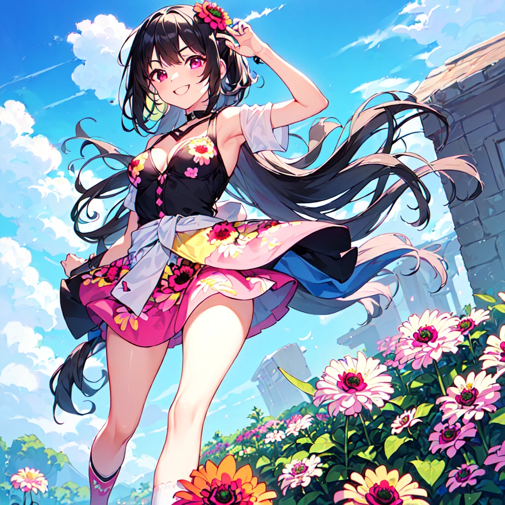 masterpiece, best quality, high quality, extremely detailed, very delicate and beautiful, (1 female 18 years old solo:1.5), (long black hair up to waist with two side up:1.5), bangs to eyebrows, eyes (eyes sharp, strong, glossy, glossy eyebrows, (eye color magenta:1.3), 6.5 head height, (zinnia flower print summer fashion:1.3), knee socks, lace, frills, (smiling), (running:1.3), (smiling)), (dynamic pose), (background zinnia flower field:1.3), (blue sky:1.3)