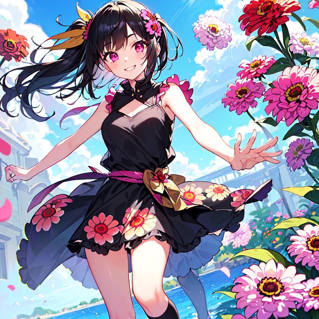 masterpiece, best quality, high quality, extremely detailed, very delicate and beautiful, (1 female 18 years old solo:1.5), (long black hair up to waist with two side up:1.5), bangs to eyebrows, eyes (eyes sharp, strong, glossy, glossy eyebrows, (eye color magenta:1.3), 6.5 head height, (zinnia flower print summer fashion:1.3), knee socks, lace, frills, (smiling), (running:1.3), (smiling)), (dynamic pose), (background zinnia flower field:1.3), (blue sky:1.3)