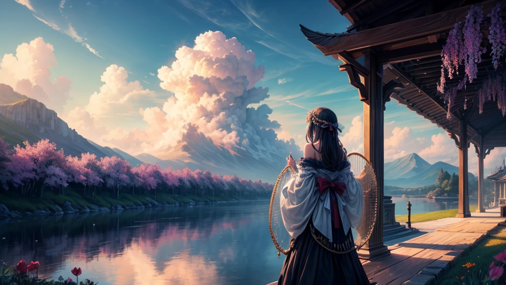 "oil, ((Mysterious Girl)), The sound of a harp echoing through the air, A pavilion surrounded by wildflowers, ((Dramatic cloud formation)), A rich palette, Fantasy World, Magical Aura",Girl from behind