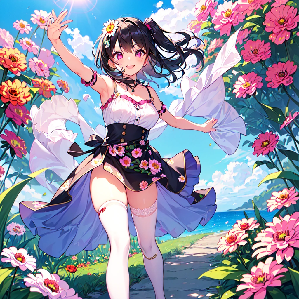 masterpiece, best quality, high quality, extremely detailed, very delicate and beautiful, (1 female 18 years old solo:1.5), (long black hair up to waist with two side up:1.5), bangs to eyebrows, eyes (eyes sharp, strong, glossy, glossy eyebrows, (eye color magenta:1.3), 6.5 head height, (zinnia flower print summer fashion:1.3), knee socks, lace, frills, (smiling), (running:1.3), (smiling)), (dynamic pose), (background zinnia flower field:1.3), (blue sky:1.3)
