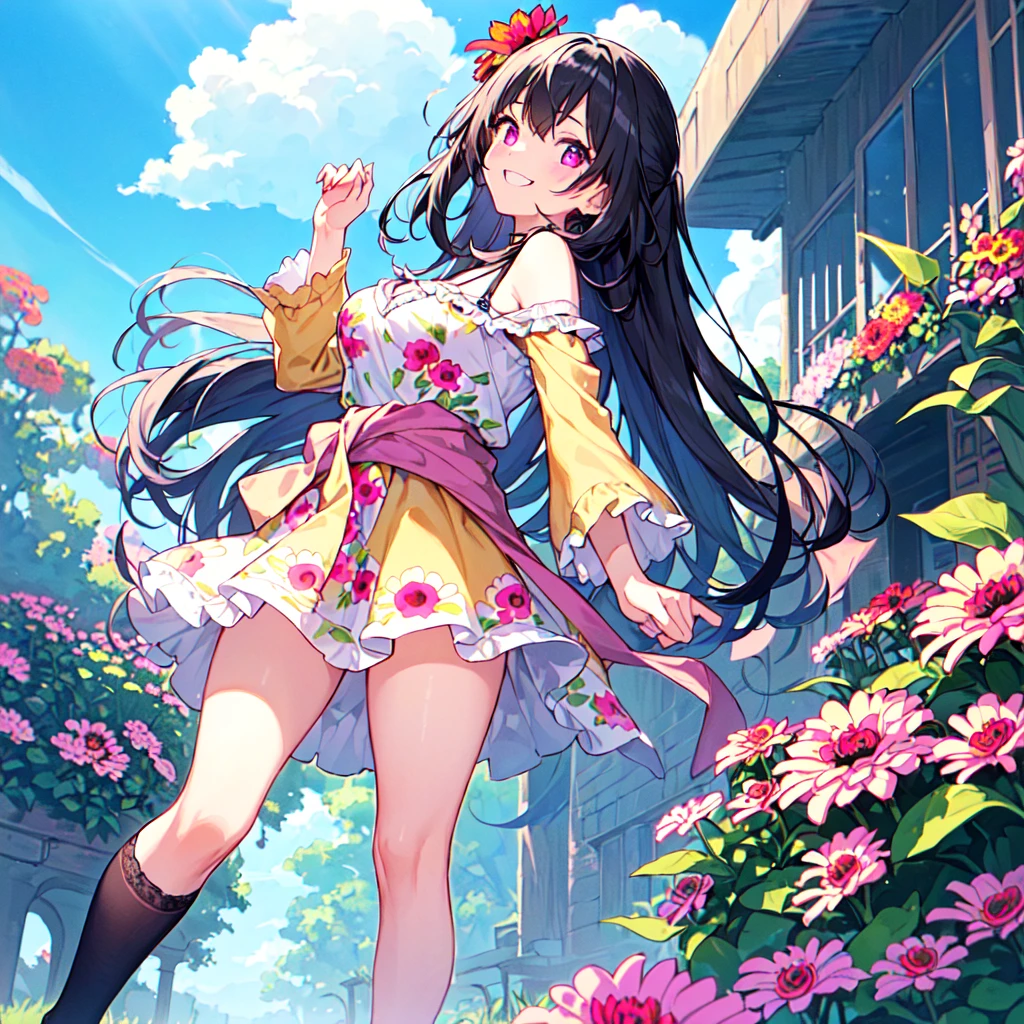 masterpiece, best quality, high quality, extremely detailed, very delicate and beautiful, (1 female 18 years old solo:1.5), (long black hair up to waist with two side up:1.5), bangs to eyebrows, eyes (eyes sharp, strong, glossy, glossy eyebrows, (eye color magenta:1.3), 6.5 head height, (zinnia flower print summer fashion:1.3), knee socks, lace, frills, (smiling), (running:1.3), (smiling)), (dynamic pose), (background zinnia flower field:1.3), (blue sky:1.3)
