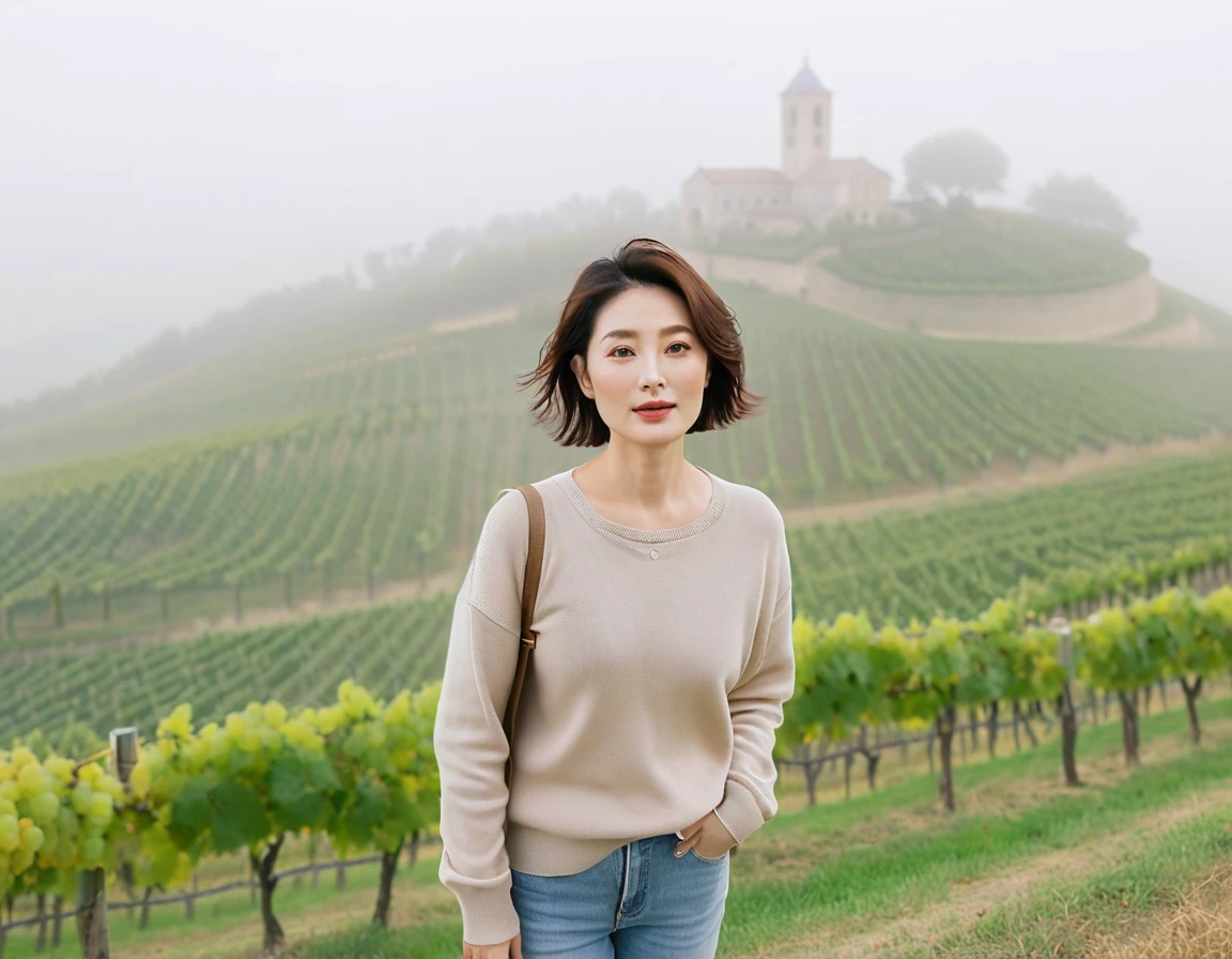8k best picture quality, Beautiful 36-year-old Korean woman, short and nice weather. Chest size 34 inches, Dense fog at dawn in the Italian countryside, past the vineyard, The cathedral is visible in the fog in the distance., The back background is realistic and vivid quality., Short and medium hair blowing in the wind, travel jumper, beige jeans, a faint smile. the background is clear, Short and slim Korean woman, stand far away, Photo taken with a wide-angle lens, Taken from a hill overlooking a misty vineyard