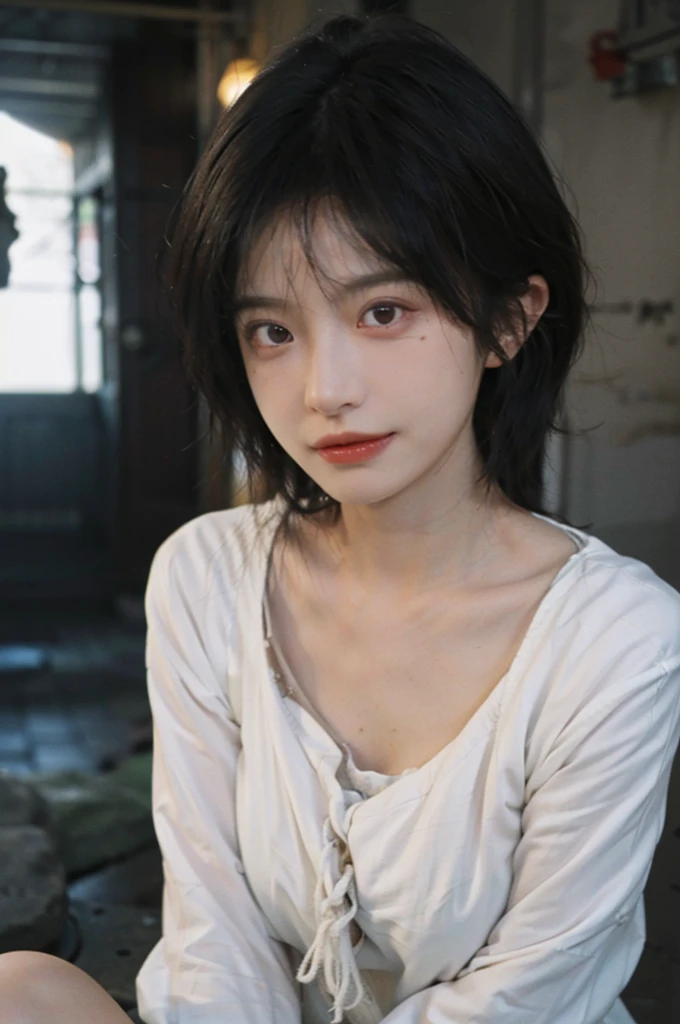 1 girl,Model,Upper Body,short hair,A faint smile,serene, calm,Moles under the eyes,Exquisite eyes, Delicate face,Lipstick,earrings,Hair details, skirt,(Dress conservatively:1.3)(Large Breasts:1.2),outdoor,background,城市background,(Skin details:1.4),(Realistic and detailed eyes:1.2), Natural skin texture, Realistic facial details,Close-up of face,Portrait Photography,(Portrait Photography:1.1), (smooth skin textures:1.3), (Highest quality real skin textures:1.4), Direct vision,Soft dramatic lighting, Vivid details, 35 mm film, (Photo Practical:1.4), (hyper Practical:1.4), (Practical:1.3), (Smoother lighting:1.05), (Improve lighting quality:0.9), (Enhance the beauty of skin texture:1.1), Depth of Field, Bokeh, Surrealism, Ray Tracing, ( Surrealism, High Detail, Chiaroscuro, Ray Tracing, reflected light, Ultra HD, Ultra HD, masterpiece, Textured Skin, Super Detail, High Detail, high quality, best quality