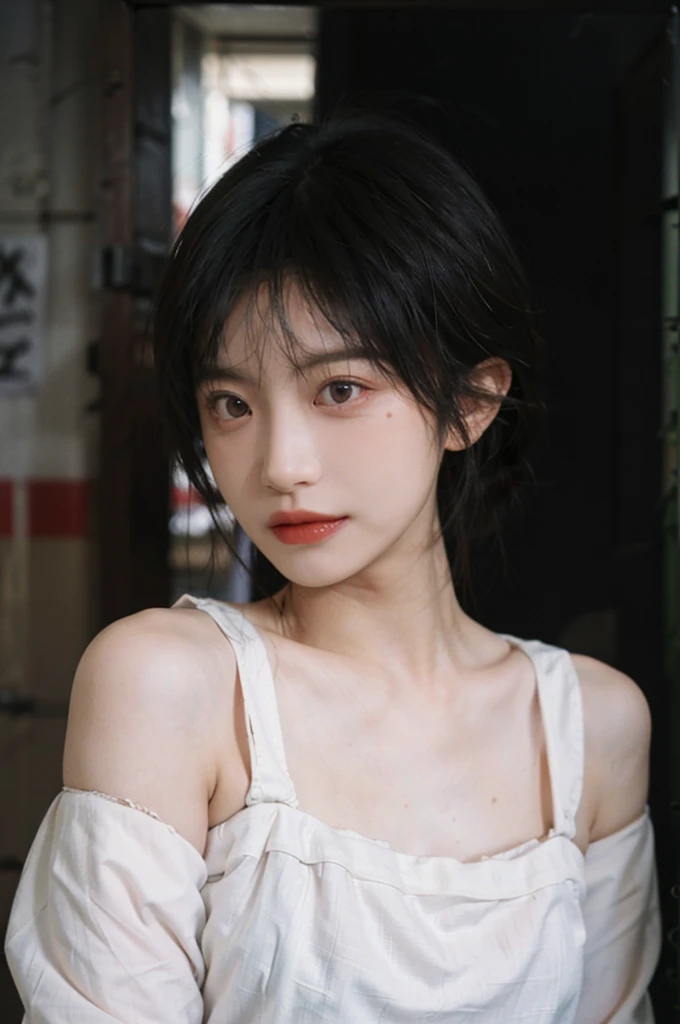 1 girl,Model,Upper Body,short hair,A faint smile,serene, calm,Moles under the eyes,Exquisite eyes, Delicate face,Lipstick,earrings,Hair details, skirt,(Dress conservatively:1.3)(Large Breasts:1.2),outdoor,background,城市background,(Skin details:1.4),(Realistic and detailed eyes:1.2), Natural skin texture, Realistic facial details,Close-up of face,Portrait Photography,(Portrait Photography:1.1), (smooth skin textures:1.3), (Highest quality real skin textures:1.4), Direct vision,Soft dramatic lighting, Vivid details, 35 mm film, (Photo Practical:1.4), (hyper Practical:1.4), (Practical:1.3), (Smoother lighting:1.05), (Improve lighting quality:0.9), (Enhance the beauty of skin texture:1.1), Depth of Field, Bokeh, Surrealism, Ray Tracing, ( Surrealism, High Detail, Chiaroscuro, Ray Tracing, reflected light, Ultra HD, Ultra HD, masterpiece, Textured Skin, Super Detail, High Detail, high quality, best quality