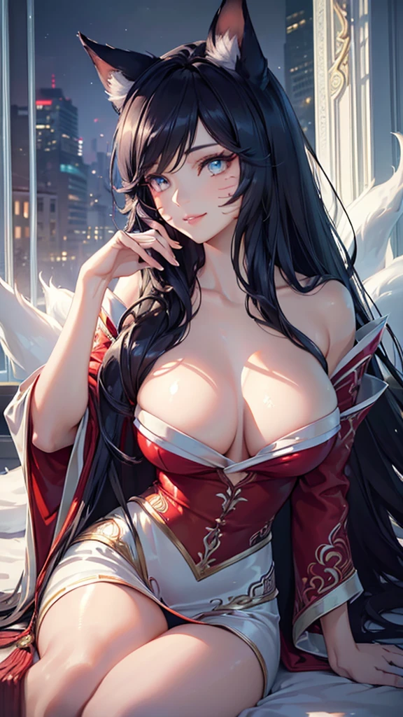(best quality,ultra-detailed,realistic:1.37),Ahri,spa,luxurious,relaxing atmosphere,beautiful detailed eyes,beautiful detailed lips,smiling,bathrobe,sitting upright,black hair,nine white tails,peaceful background,portraits,vivid colors,soft lighting,tranquil ambiance