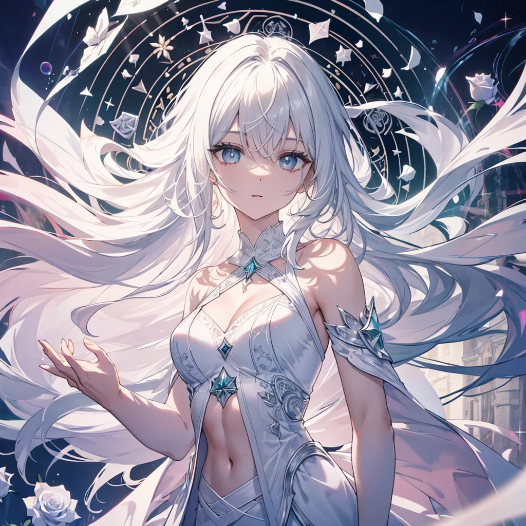 クリスタルのkaleidoscopeBackground,High definition RAW color art,kaleidoscope,White Rose Animation,sculptures, Silver Marble Skin, (((Ultra detailed elegant))), Magical atmosphere, Detailed skin, Texture,(Intricately detailed, Fine detail, ultra-detail art), depth of field, bokeh, Silky Touch, Hyper Detail, beautiful eyes, Elegant Face, magic circle, sunrise, upper body, abs