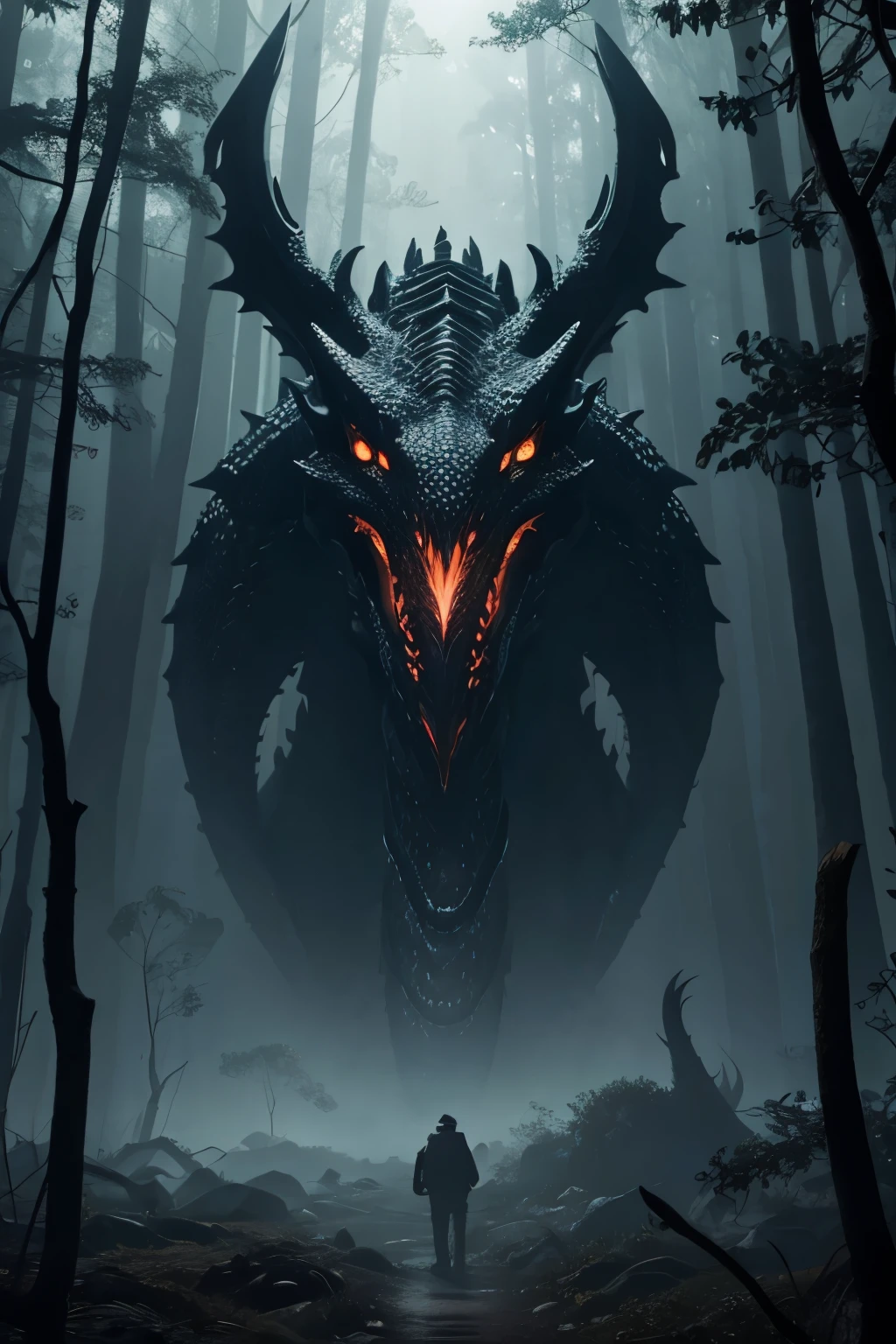 a giant monster hybrid of dragon and Giant Squid, in dark dense foggy forest, illustration