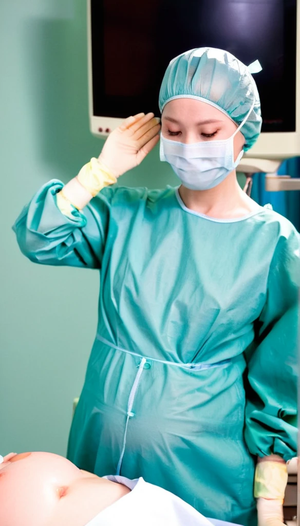 score_9, score_8_up, score_7_up, masterpiece, highest quality, raw image, pale skin, shy eyes, cover the ears, big breasts, surgical mask, surgical cap, long sleeve surgical dress,
1 girl, pregnant, big belly, solo, long rubber gloves, frown, standing, in one hospital, hospital bed, operating room background