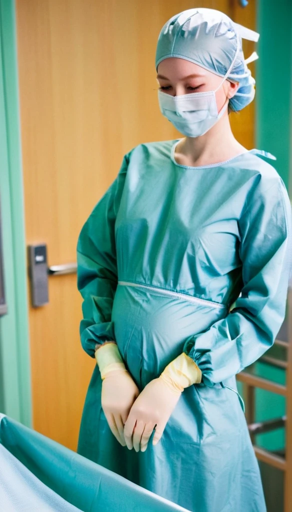 score_9, score_8_up, score_7_up, masterpiece, highest quality, raw image, pale skin, shy eyes, cover the ears, big breasts, surgical mask, surgical cap, long sleeve surgical dress,
1 girl, pregnant, big belly, solo, long rubber gloves, frown, standing, in one hospital, hospital bed, operating room background