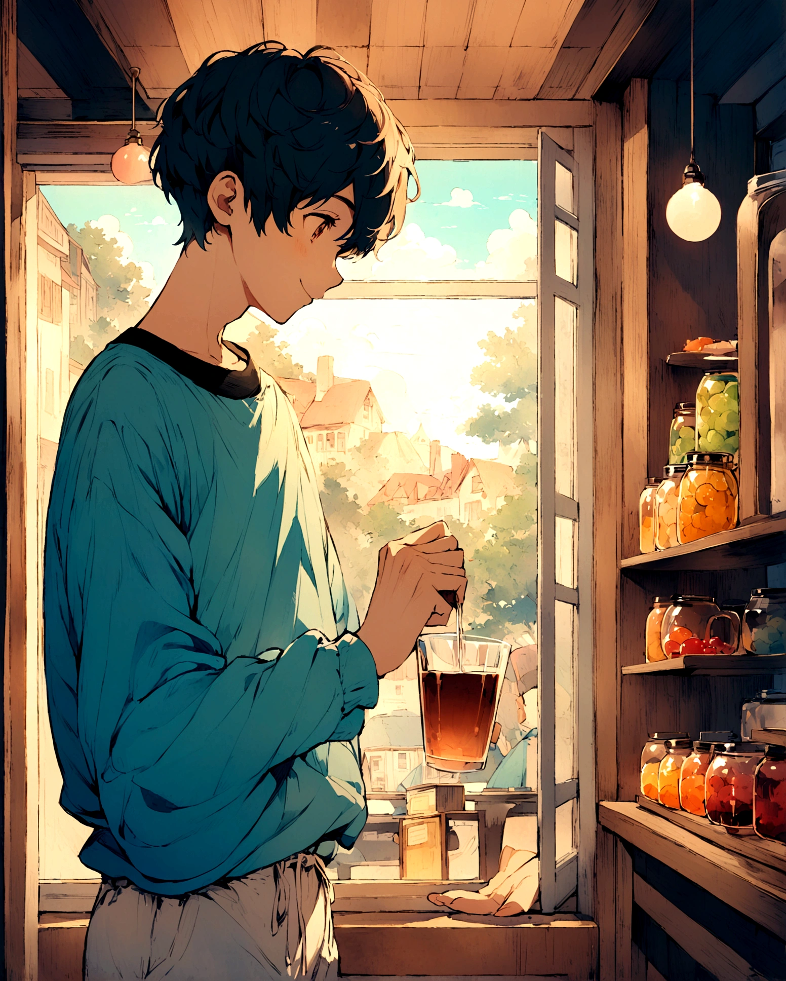 "A detailed digital illustration of a young boy with a short haircut and a warm smile, standing inside a cozy cafe. He is holding a drink in one hand, wearing a casual outfit that includes a loose, long-sleeved blue shirt and light-colored shorts. The cafe has large windows, allowing natural light to pour in, and there are warm light bulbs hanging from the ceiling. The background includes soft, pastel colors and gentle outlines of trees and buildings outside the window, creating a peaceful and inviting atmosphere."